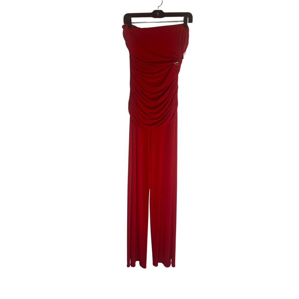 Camille La Vie Women's L Red Strapless Ruched Wide-Leg Jumpsuit Elegant Chic